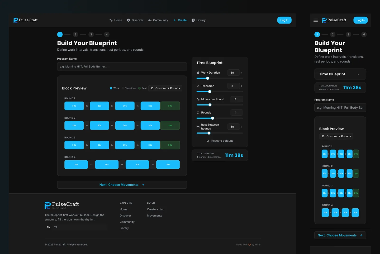 PulseCraft create page — interval-first workout builder